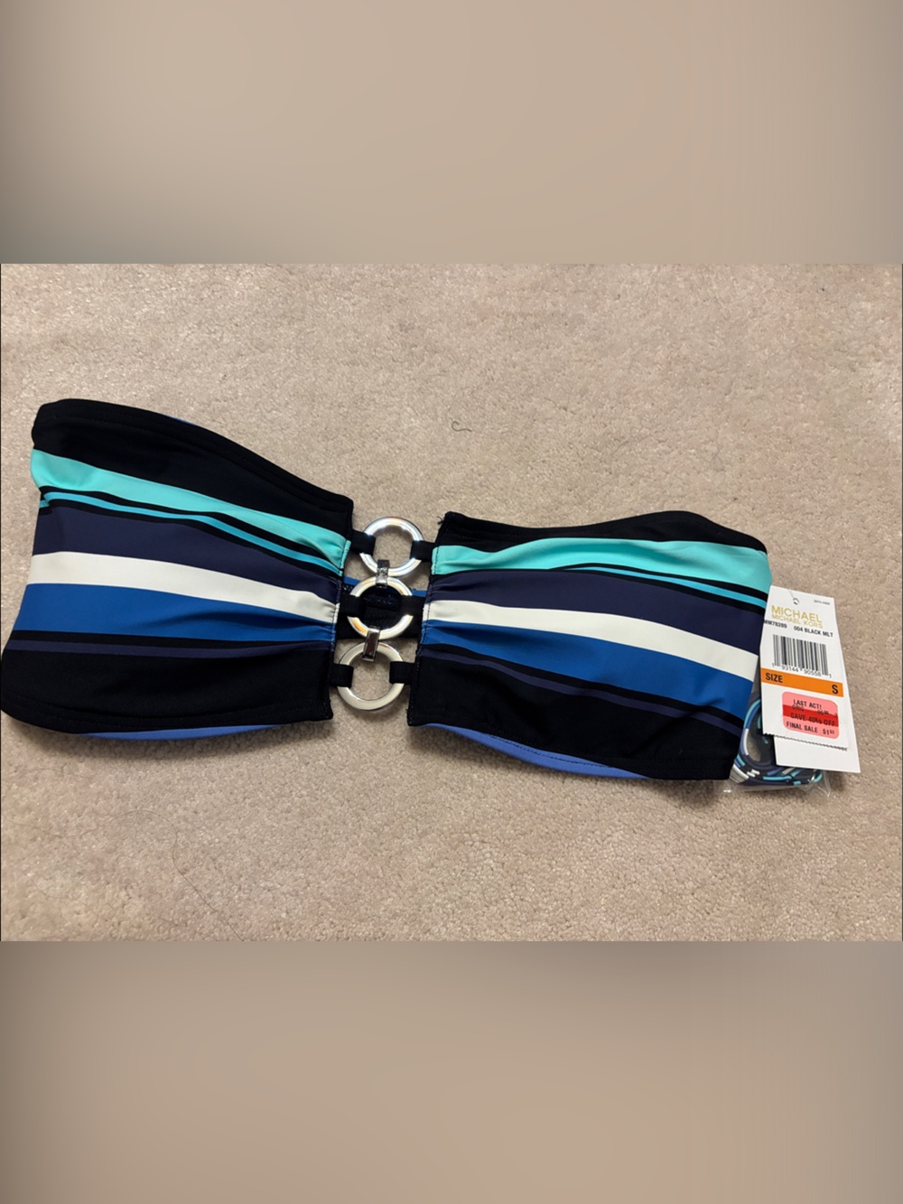 Michael Kors- Striped Ring-Detail Bandeau Swimsuit Top - Blue & Teal